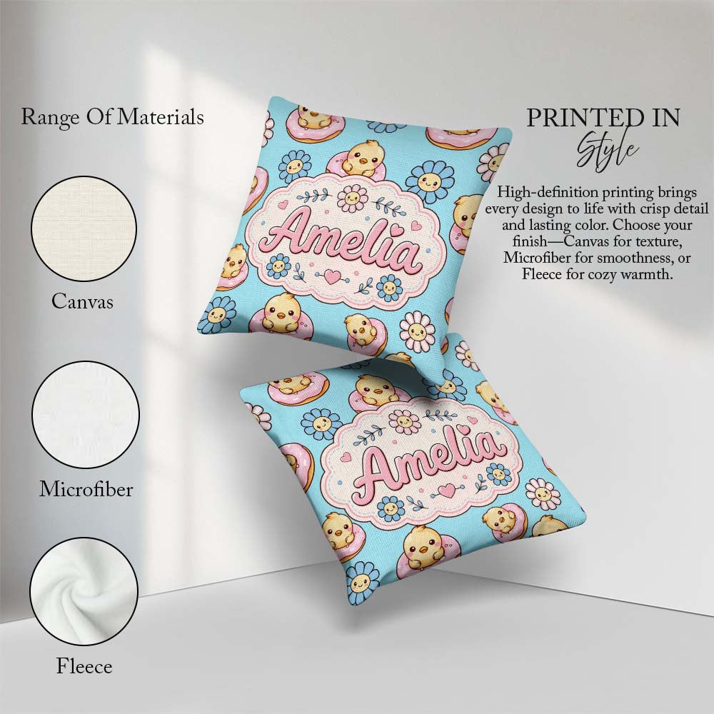 Custom Name Baby Chick Donut Flowers Seamless Pattern Aqua Blue Square Filled Cushion Throw Pillow Sofa Bed Home Decor Zip Washable UK Made