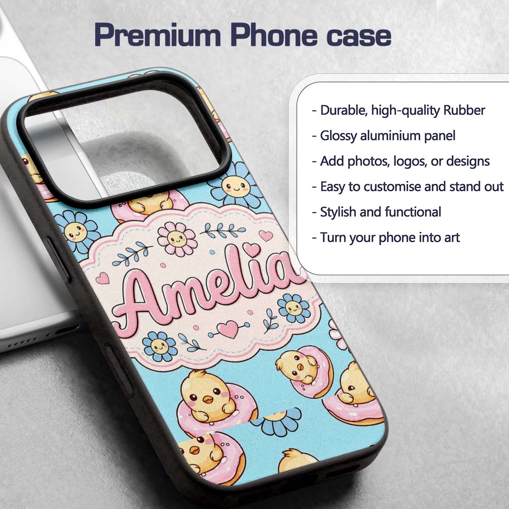 Cute Baby Chick Donut Flowers Seamless Pattern Custom Name Protective Phone Case Mobile Cover Durable Everyday Smartphone Shock Resistant