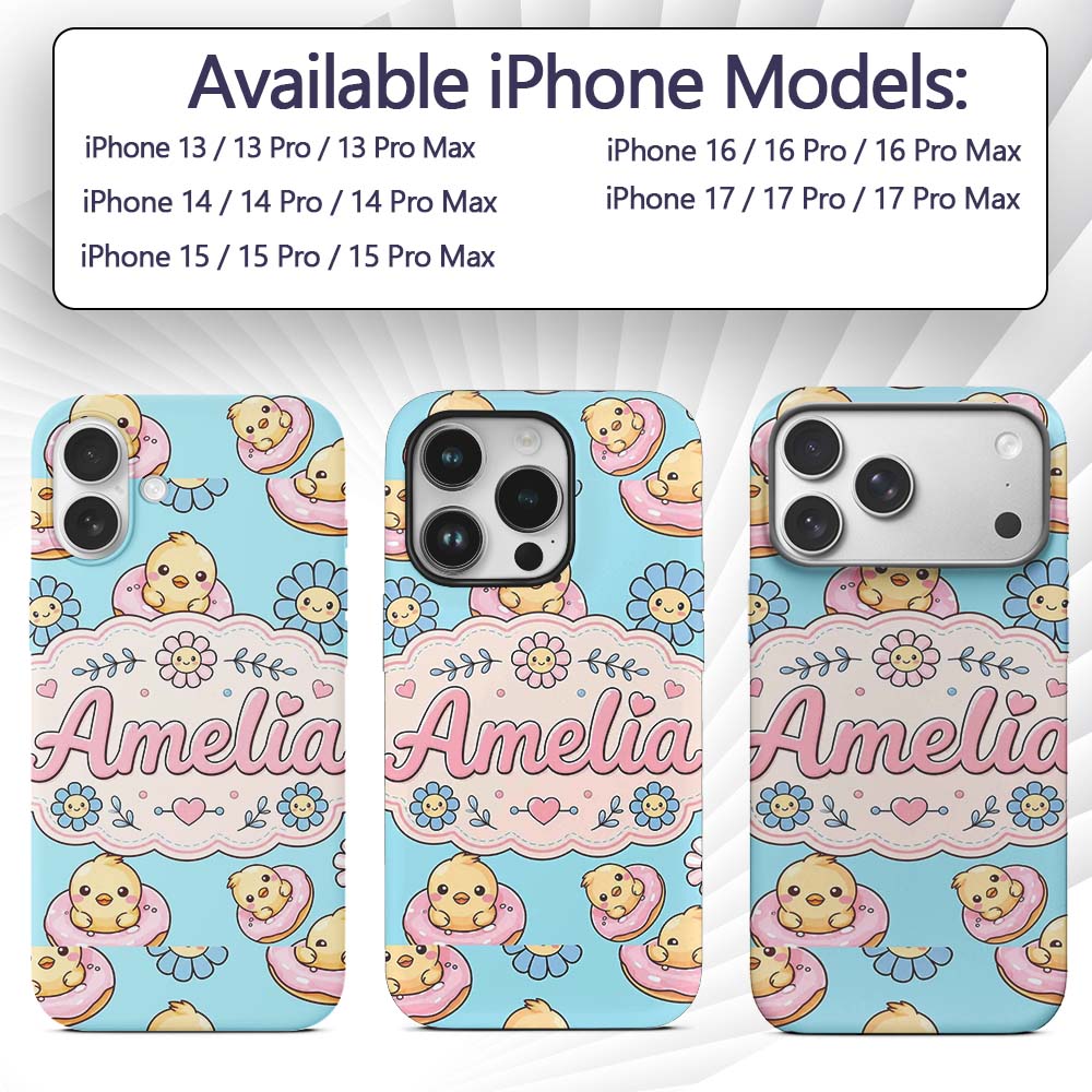 Cute Baby Chick Donut Flowers Seamless Pattern Custom Name Protective Phone Case Mobile Cover Durable Everyday Smartphone Shock Resistant