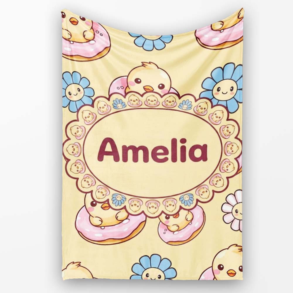 Cute Baby Chick Donut Flowers Seamless Pattern Pastel Yellow Lovely Personalised Custom Name Super Soft Fleece Blanket Bed Sofa Throw