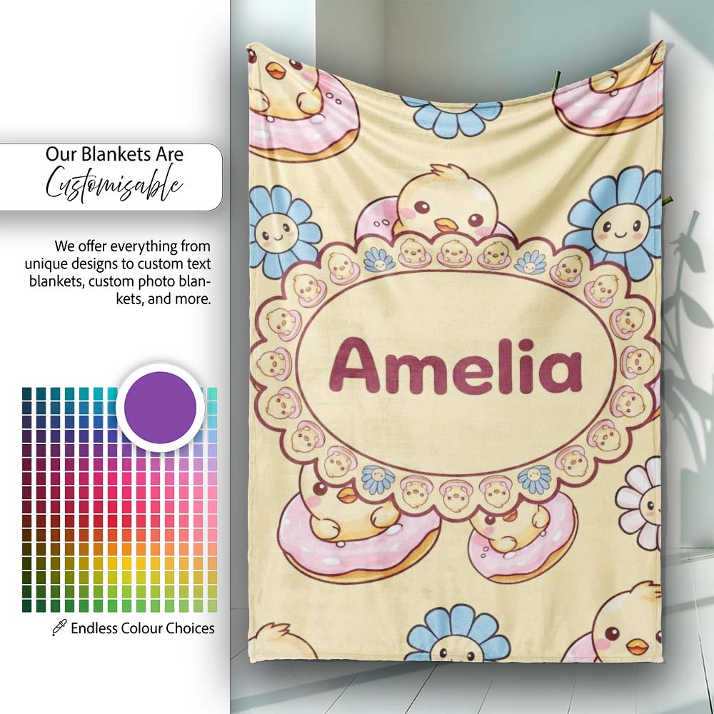 Cute Baby Chick Donut Flowers Seamless Pattern Pastel Yellow Lovely Personalised Custom Name Super Soft Fleece Blanket Bed Sofa Throw