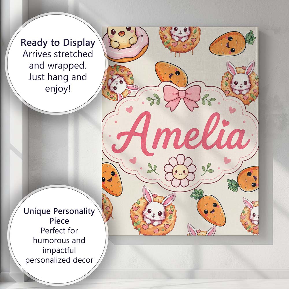 Personalised Name Cute Easter Bunny Carrot Custom Unique Gift Idea Elegant Feature Canvas Wall Art Print Decor Picture Ready to Hang