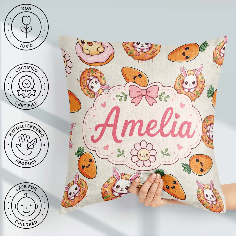 Custom Name Cute Easter Bunny Carrot Donut Hearts Seamless Cream Square Filled Cushion Throw Pillow Sofa Bed Home Decor Zip Washable UK Made
