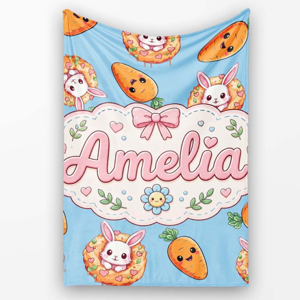 Cute Easter Bunny Carrot Donut Hearts Seamless Pattern Sky Blue Personalised Custom Name Super Soft Fleece Blanket Bed Sofa Throw