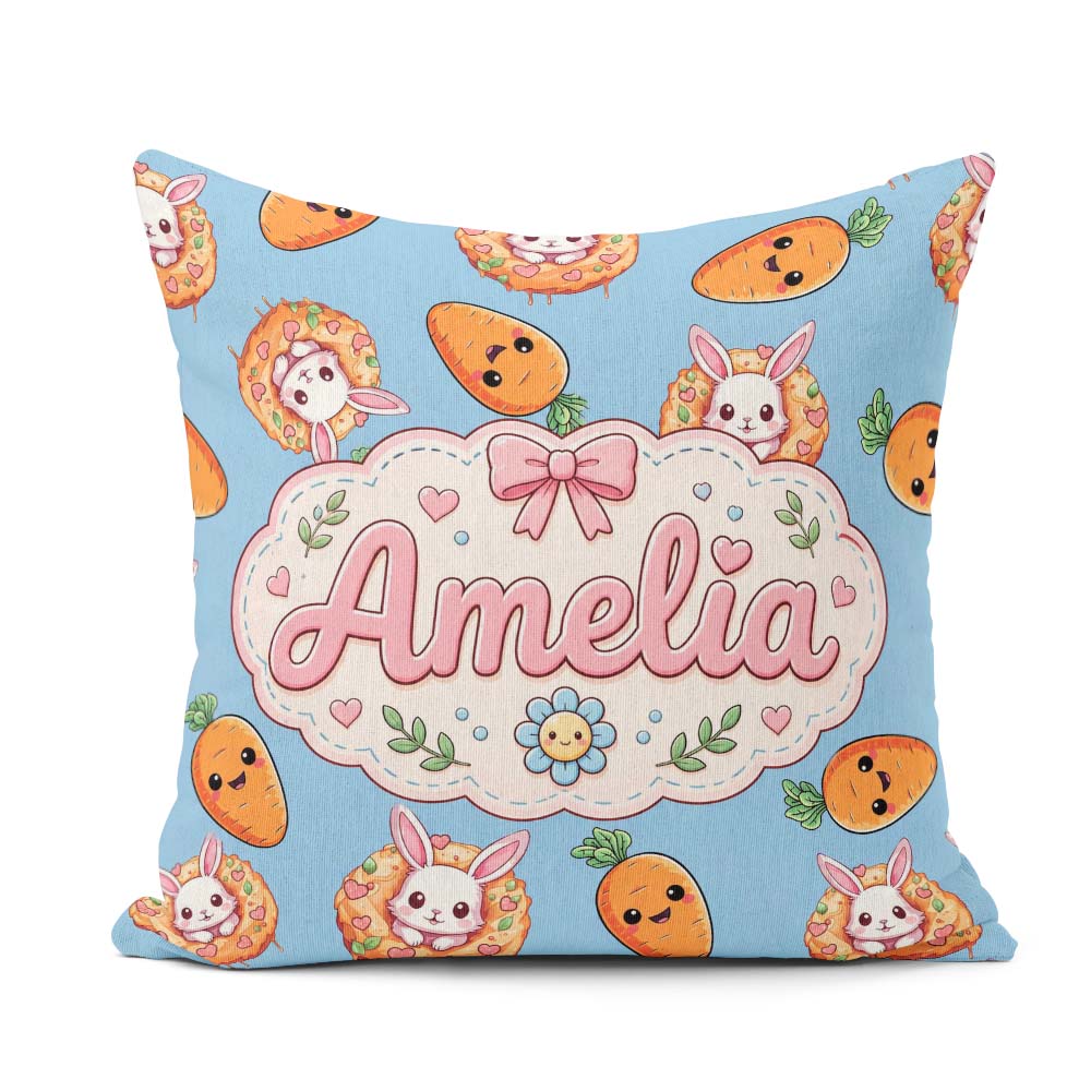 Custom Name Easter Bunny Carrot Hearts Seamless Pattern Sky Blue Square Filled Cushion Throw Pillow Sofa Bed Home Decor Zip Washable UK Made