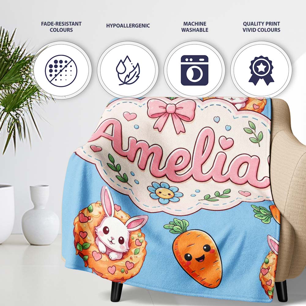 Cute Easter Bunny Carrot Donut Hearts Seamless Pattern Sky Blue Personalised Custom Name Super Soft Fleece Blanket Bed Sofa Throw