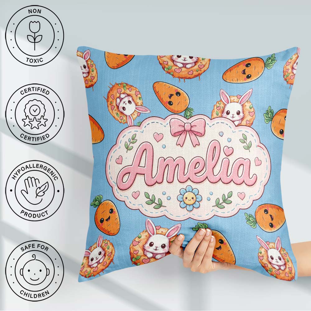 Custom Name Easter Bunny Carrot Hearts Seamless Pattern Sky Blue Square Filled Cushion Throw Pillow Sofa Bed Home Decor Zip Washable UK Made