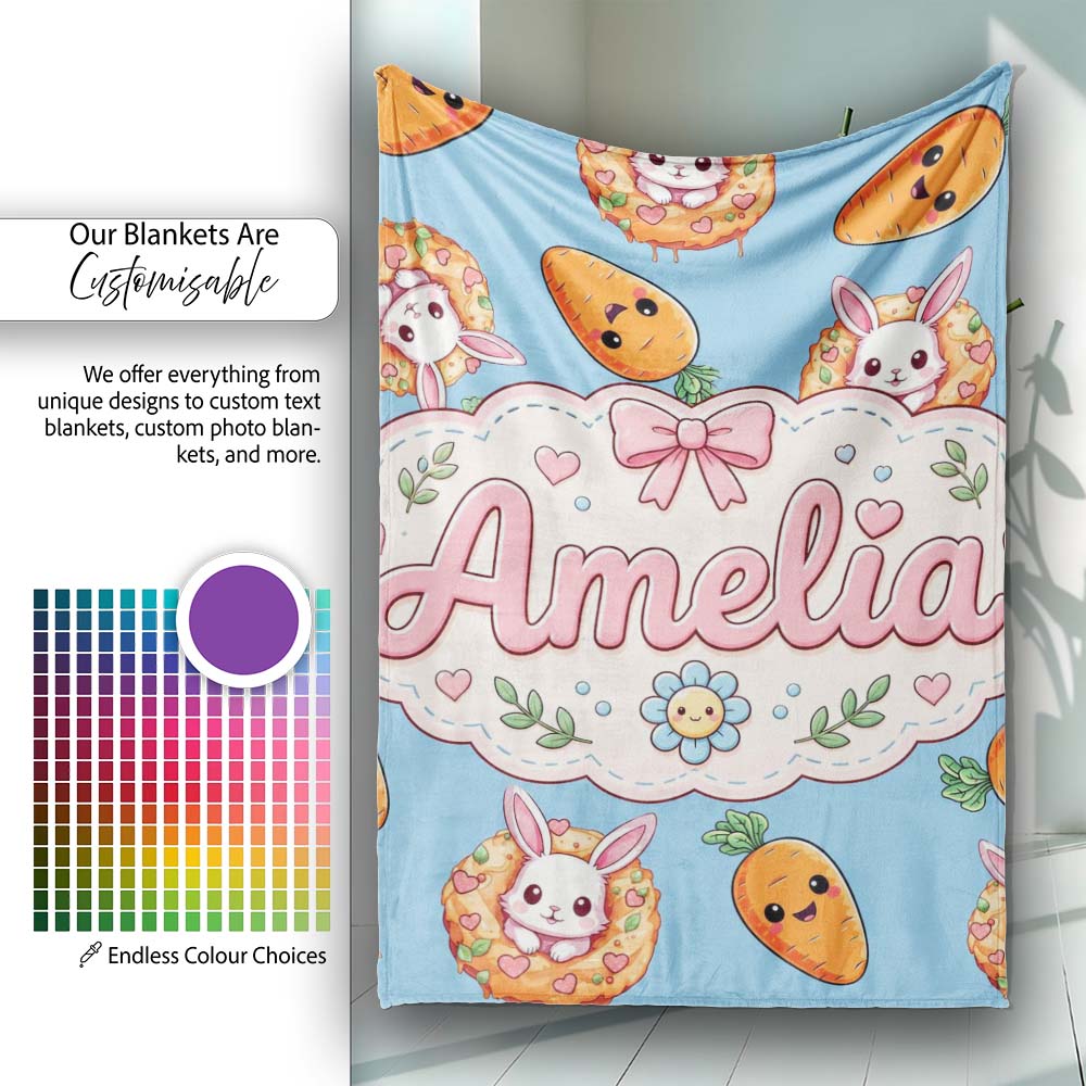 Cute Easter Bunny Carrot Donut Hearts Seamless Pattern Sky Blue Personalised Custom Name Super Soft Fleece Blanket Bed Sofa Throw