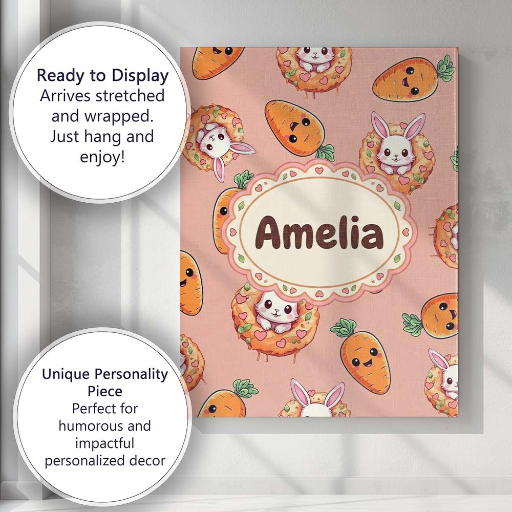 Personalised Name Cute Easter Bunny Carrot Custom Unique Gift Idea Elegant Feature Canvas Wall Art Print Decor Picture Ready to Hang