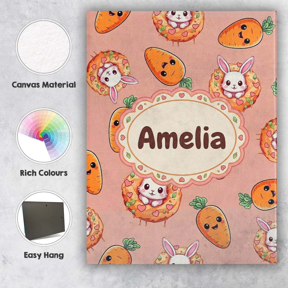 Personalised Name Cute Easter Bunny Carrot Custom Unique Gift Idea Elegant Feature Canvas Wall Art Print Decor Picture Ready to Hang
