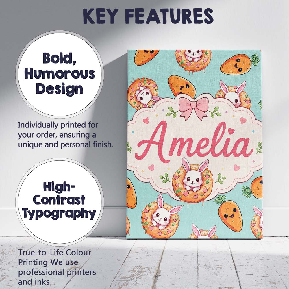 Personalised Name Cute Easter Bunny Carrot Custom Unique Gift Idea Elegant Feature Canvas Wall Art Print Decor Picture Ready to Hang