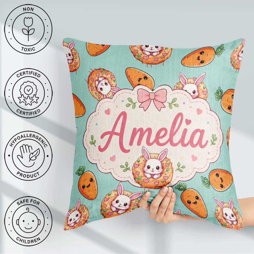 Custom Name Easter Bunny Carrot Donut Hearts Seamless Mint Green Square Filled Cushion Throw Pillow Sofa Bed Home Decor Zip Washable UK Made