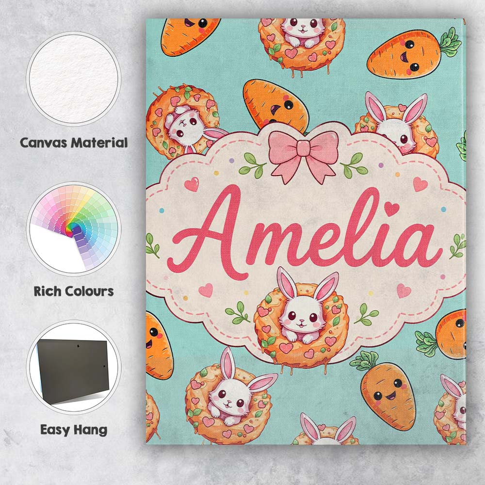 Personalised Name Cute Easter Bunny Carrot Custom Unique Gift Idea Elegant Feature Canvas Wall Art Print Decor Picture Ready to Hang