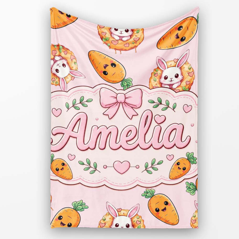 Cute Easter Bunny Carrot Donut Hearts Seamless Pattern Blush Pink Personalised Custom Name Super Soft Fleece Blanket Bed Sofa Throw