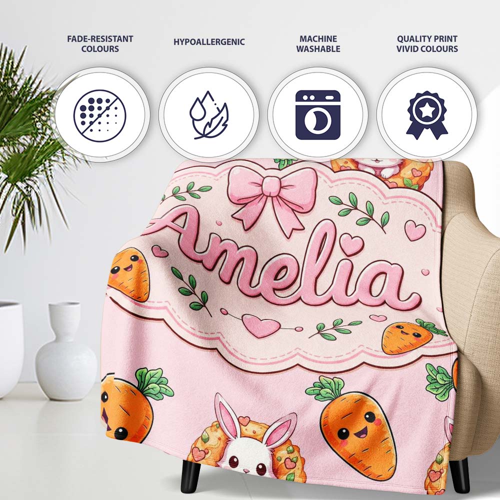 Cute Easter Bunny Carrot Donut Hearts Seamless Pattern Blush Pink Personalised Custom Name Super Soft Fleece Blanket Bed Sofa Throw