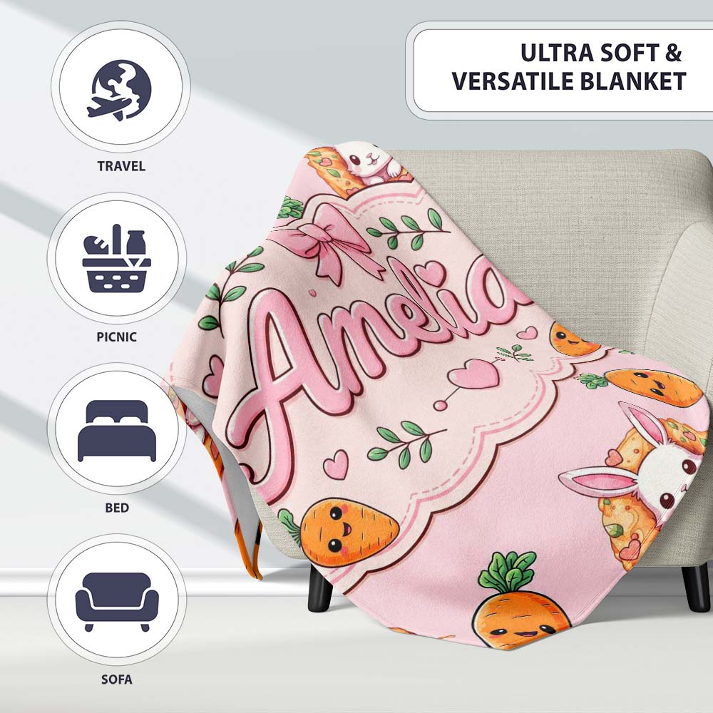 Cute Easter Bunny Carrot Donut Hearts Seamless Pattern Blush Pink Personalised Custom Name Super Soft Fleece Blanket Bed Sofa Throw