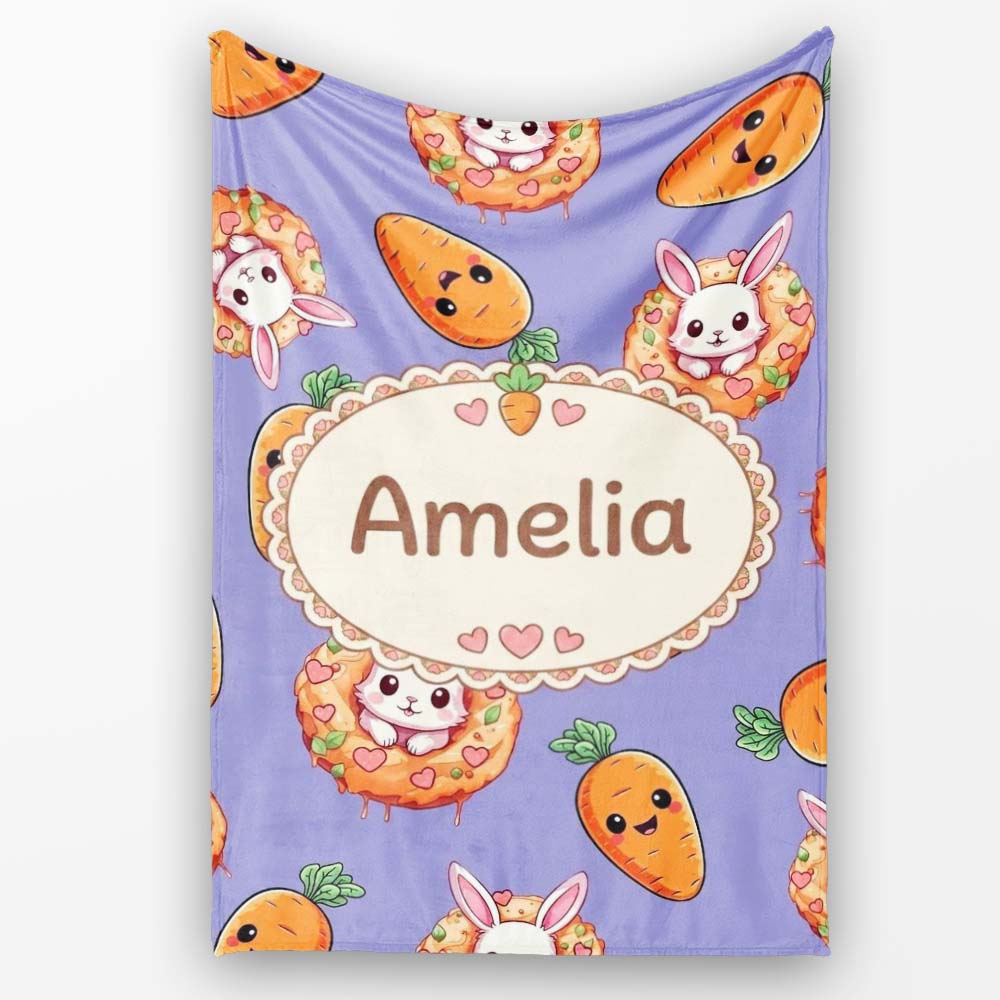 Cute Easter Bunny Carrot Donut Hearts Pattern Lavender Purple Lovely Personalised Custom Name Super Soft Fleece Blanket Bed Sofa Throw
