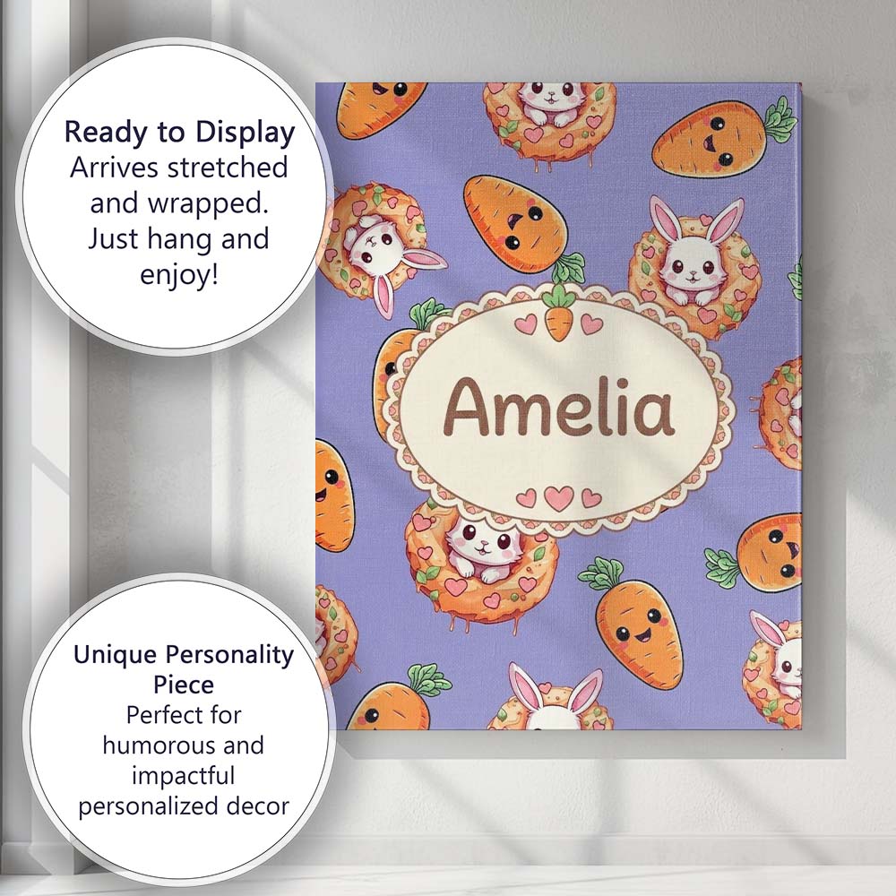 Personalised Name Cute Easter Bunny Carrot Custom Unique Gift Idea Elegant Feature Canvas Wall Art Print Decor Picture Ready to Hang