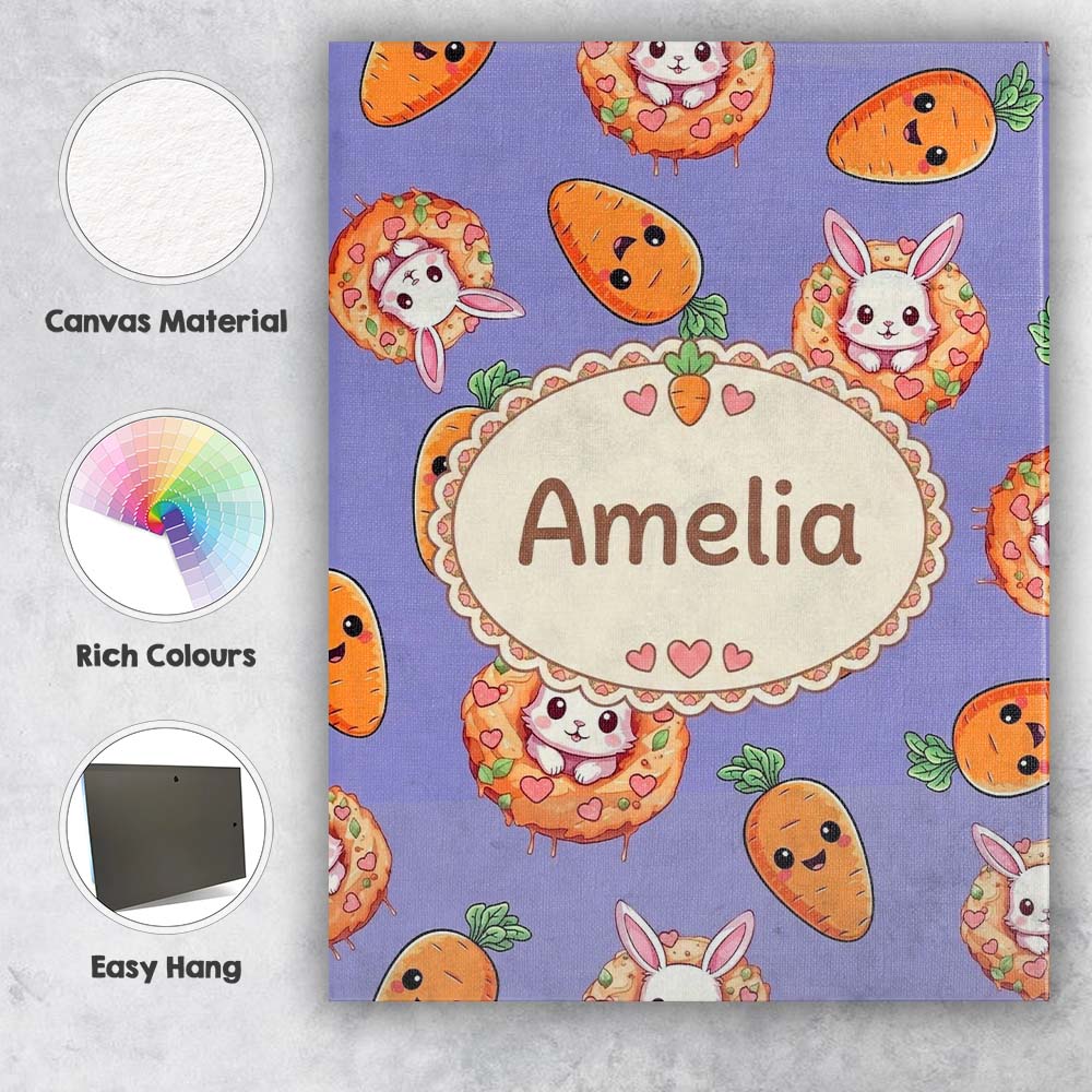 Personalised Name Cute Easter Bunny Carrot Custom Unique Gift Idea Elegant Feature Canvas Wall Art Print Decor Picture Ready to Hang