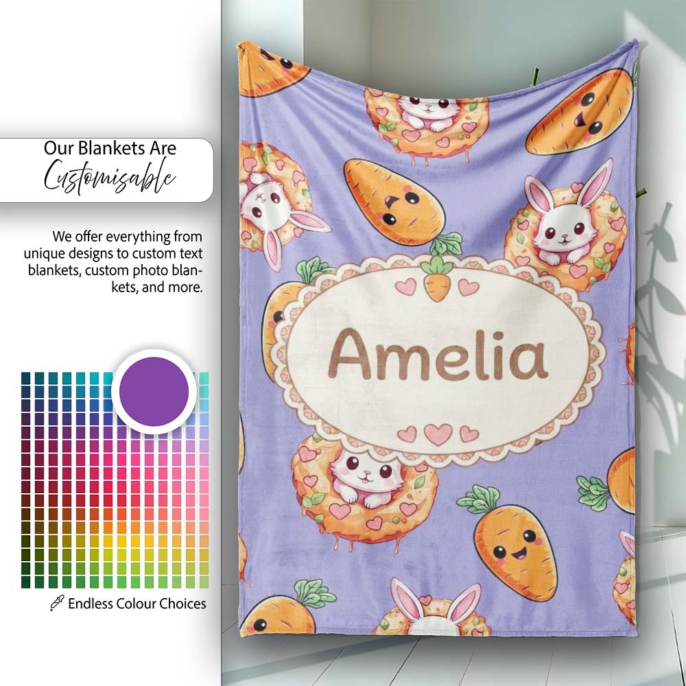 Cute Easter Bunny Carrot Donut Hearts Pattern Lavender Purple Lovely Personalised Custom Name Super Soft Fleece Blanket Bed Sofa Throw