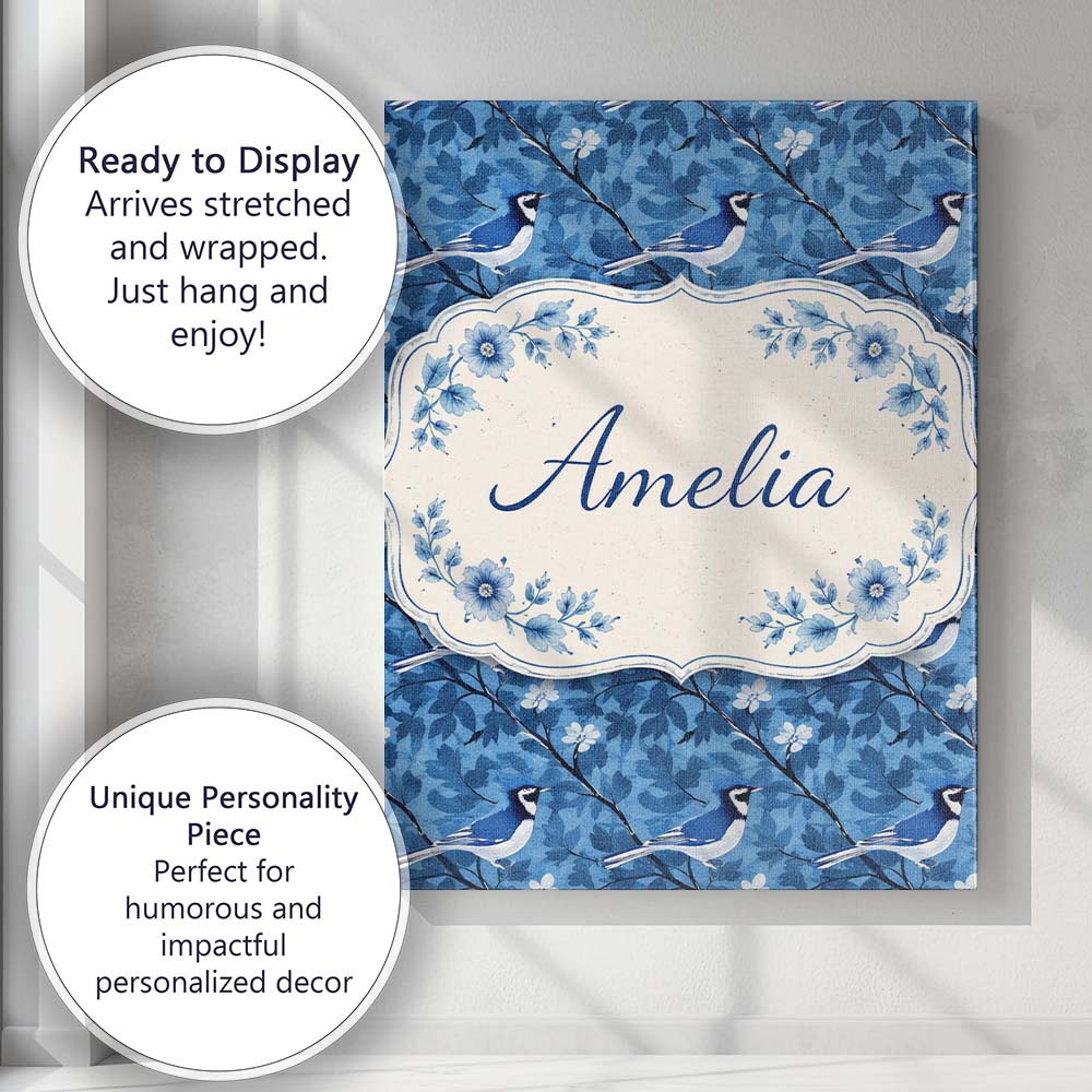 Personalised Name Blue Bird Floral Branch Silhouette Tone Custom Creative Decorator Style Canvas Wall Art Print Decor Picture Ready to Hang