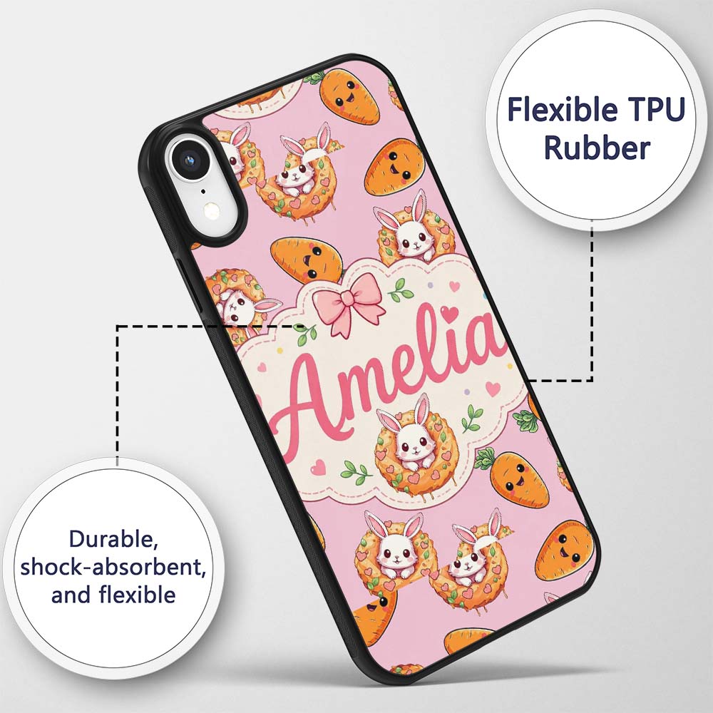 Cute Easter Bunny Carrot Donut Hearts Seamless Custom Name Protective Phone Case Mobile Cover Durable Everyday Smartphone Shock Resistant