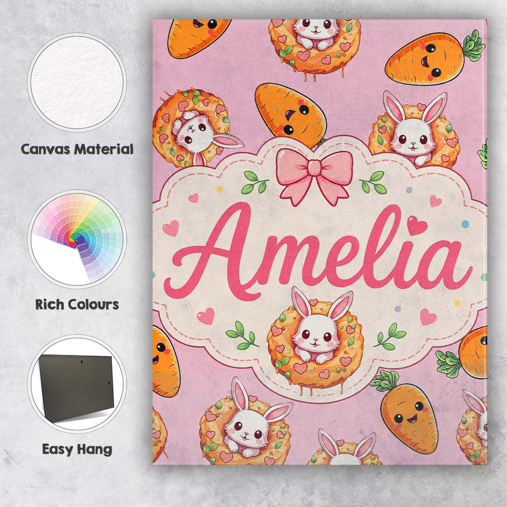 Personalised Name Cute Easter Bunny Carrot Custom Unique Gift Idea Elegant Feature Canvas Wall Art Print Decor Picture Ready to Hang