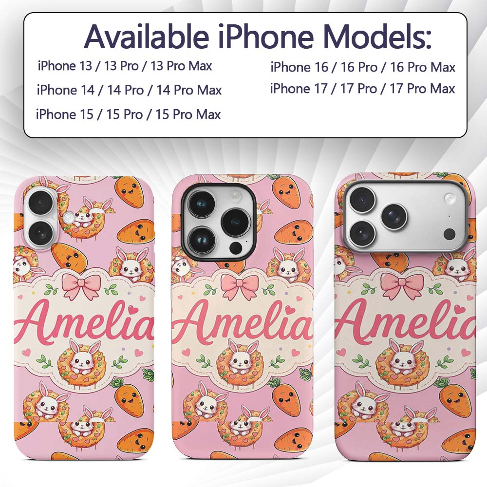 Cute Easter Bunny Carrot Donut Hearts Seamless Custom Name Protective Phone Case Mobile Cover Durable Everyday Smartphone Shock Resistant