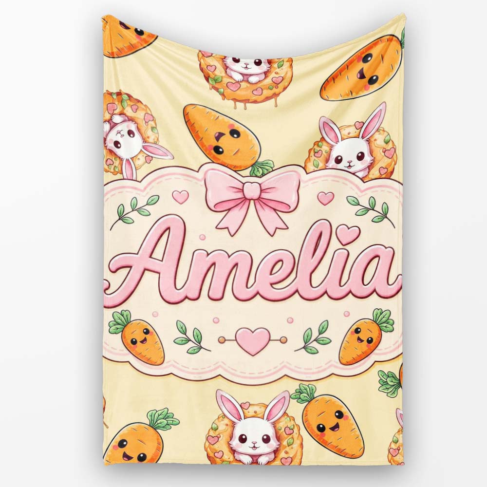 Cute Easter Bunny Carrot Donut Hearts Seamless Pattern Soft Yellow Personalised Custom Name Super Soft Fleece Blanket Bed Sofa Throw