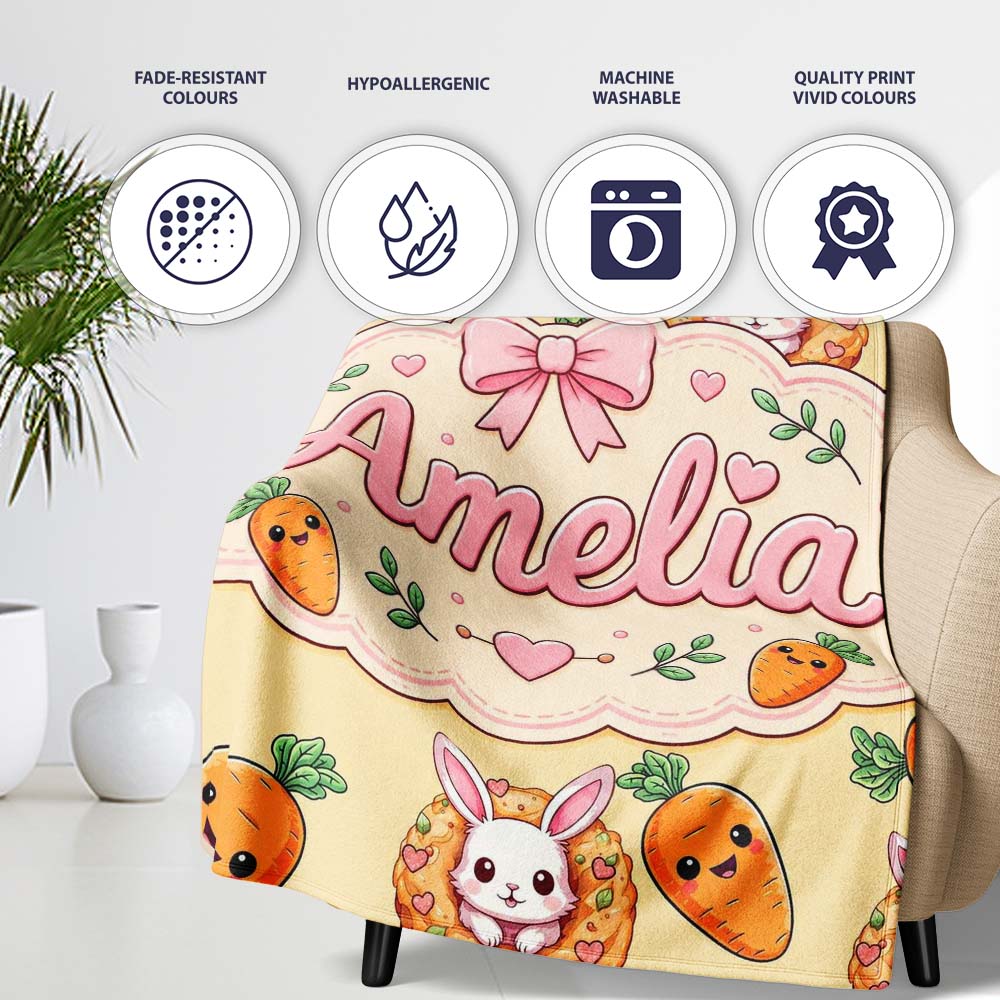 Cute Easter Bunny Carrot Donut Hearts Seamless Pattern Soft Yellow Personalised Custom Name Super Soft Fleece Blanket Bed Sofa Throw