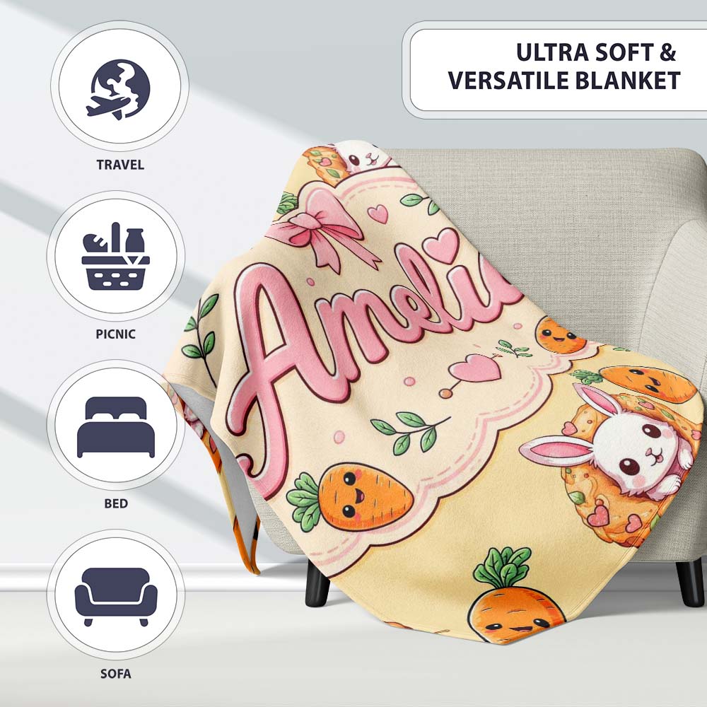 Cute Easter Bunny Carrot Donut Hearts Seamless Pattern Soft Yellow Personalised Custom Name Super Soft Fleece Blanket Bed Sofa Throw