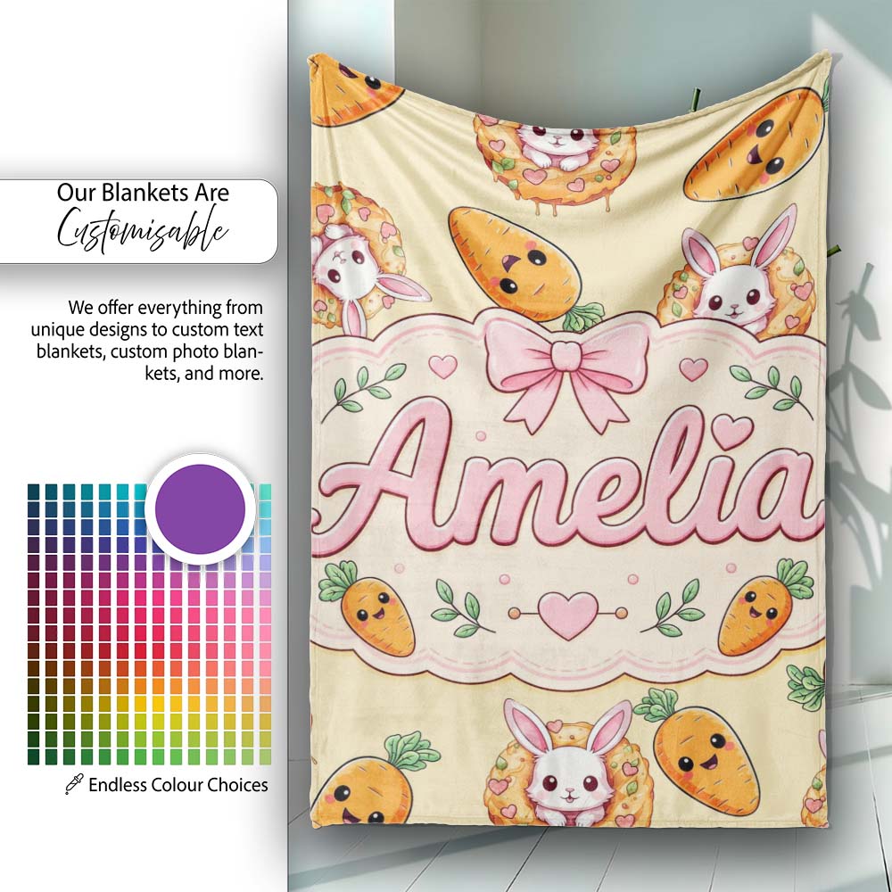 Cute Easter Bunny Carrot Donut Hearts Seamless Pattern Soft Yellow Personalised Custom Name Super Soft Fleece Blanket Bed Sofa Throw