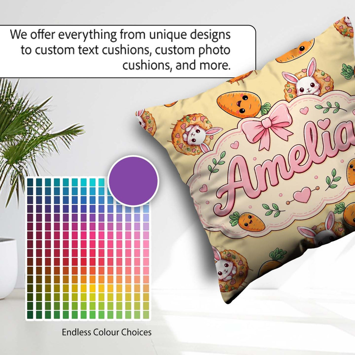 Custom Name Easter Bunny Carrot Donut Hearts Pattern Soft Yellow Square Filled Cushion Throw Pillow Sofa Bed Home Decor Zip Washable UK Made