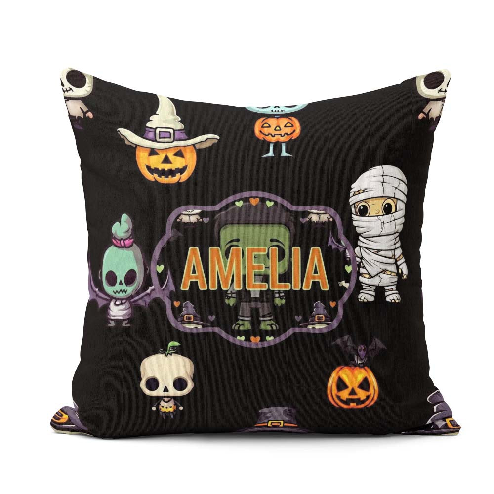 Custom Name Halloween Pumpkin Skull Mummy Seamless Pattern White Square Filled Cushion Throw Pillow Sofa Bed Home Decor Zip Washable UK Made