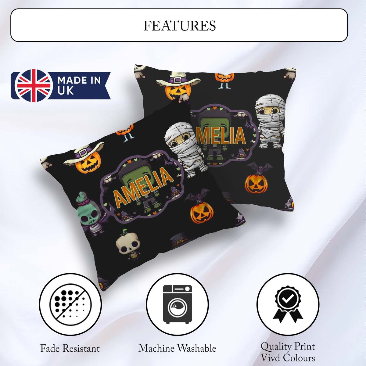 Custom Name Halloween Pumpkin Skull Mummy Seamless Pattern White Square Filled Cushion Throw Pillow Sofa Bed Home Decor Zip Washable UK Made