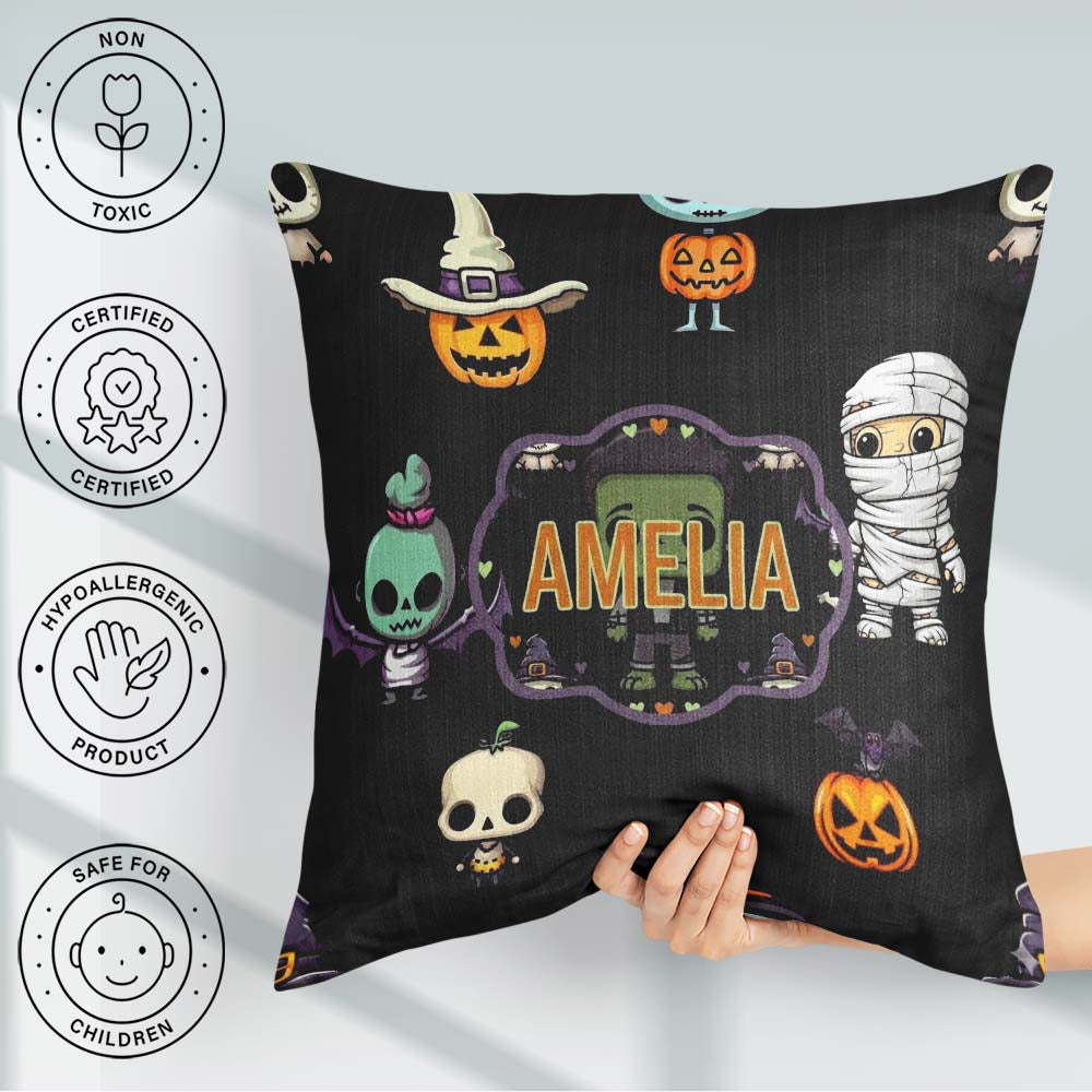 Custom Name Halloween Pumpkin Skull Mummy Seamless Pattern White Square Filled Cushion Throw Pillow Sofa Bed Home Decor Zip Washable UK Made