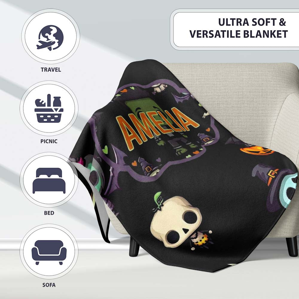 Cute Halloween Characters Pumpkin Skull Mummy Seamless Pattern White Personalised Custom Name Super Soft Fleece Blanket Bed Sofa Throw