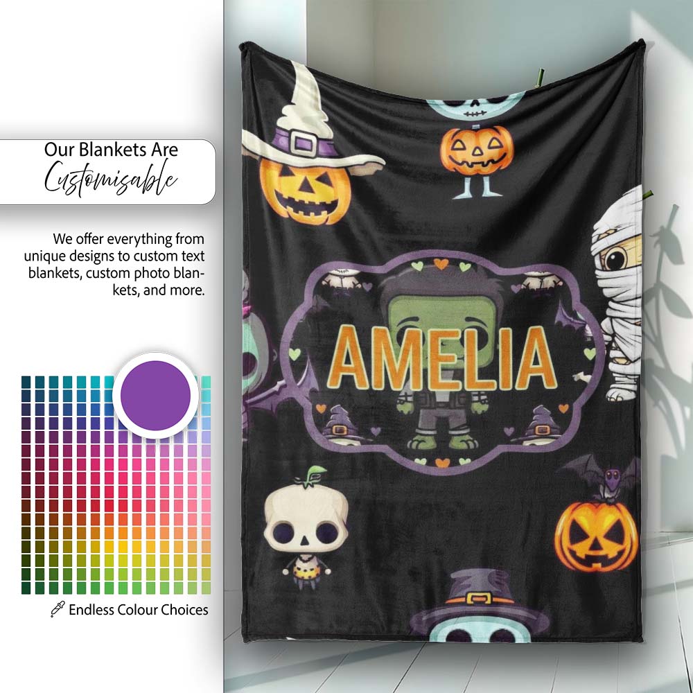 Cute Halloween Characters Pumpkin Skull Mummy Seamless Pattern White Personalised Custom Name Super Soft Fleece Blanket Bed Sofa Throw
