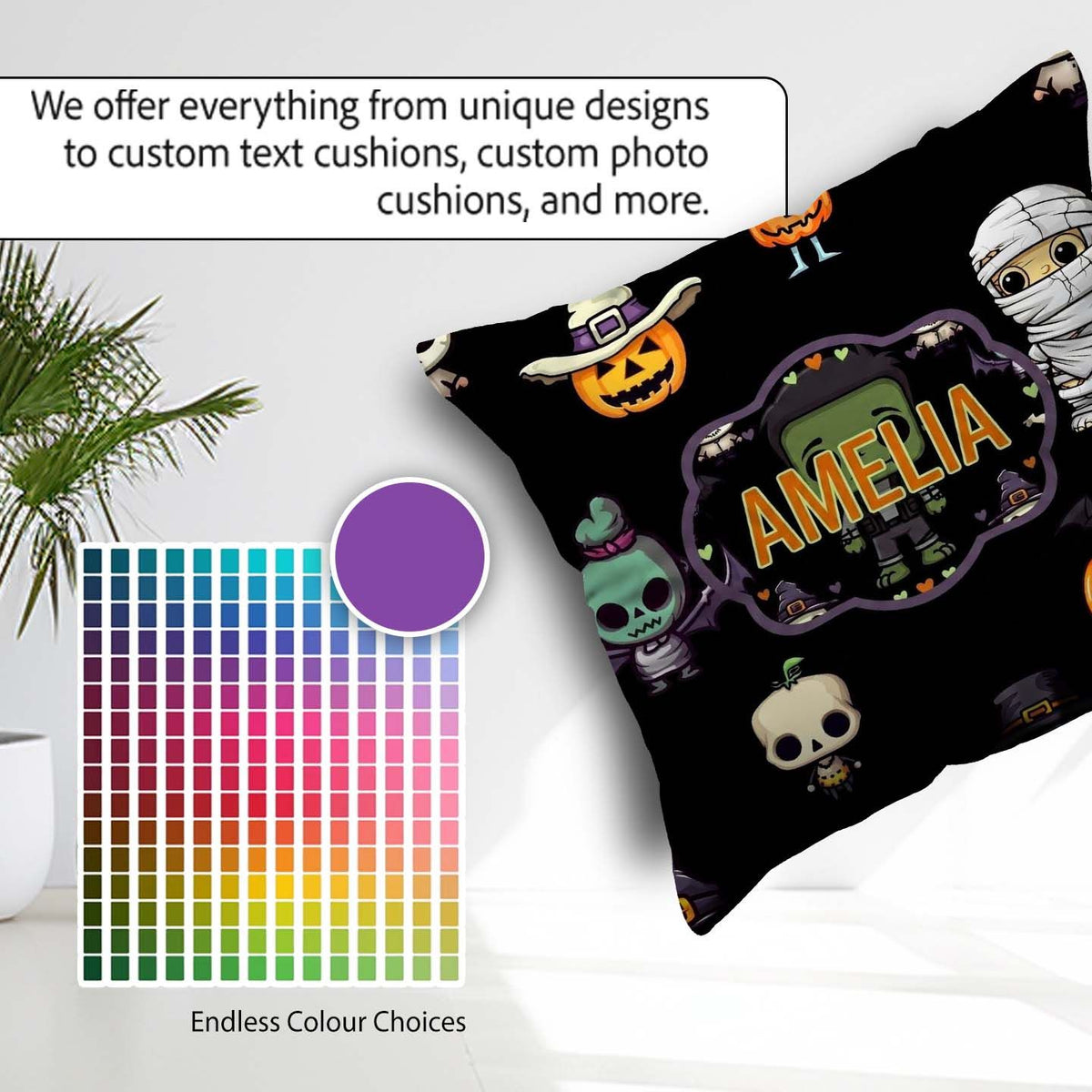 Custom Name Halloween Pumpkin Skull Mummy Seamless Pattern White Square Filled Cushion Throw Pillow Sofa Bed Home Decor Zip Washable UK Made