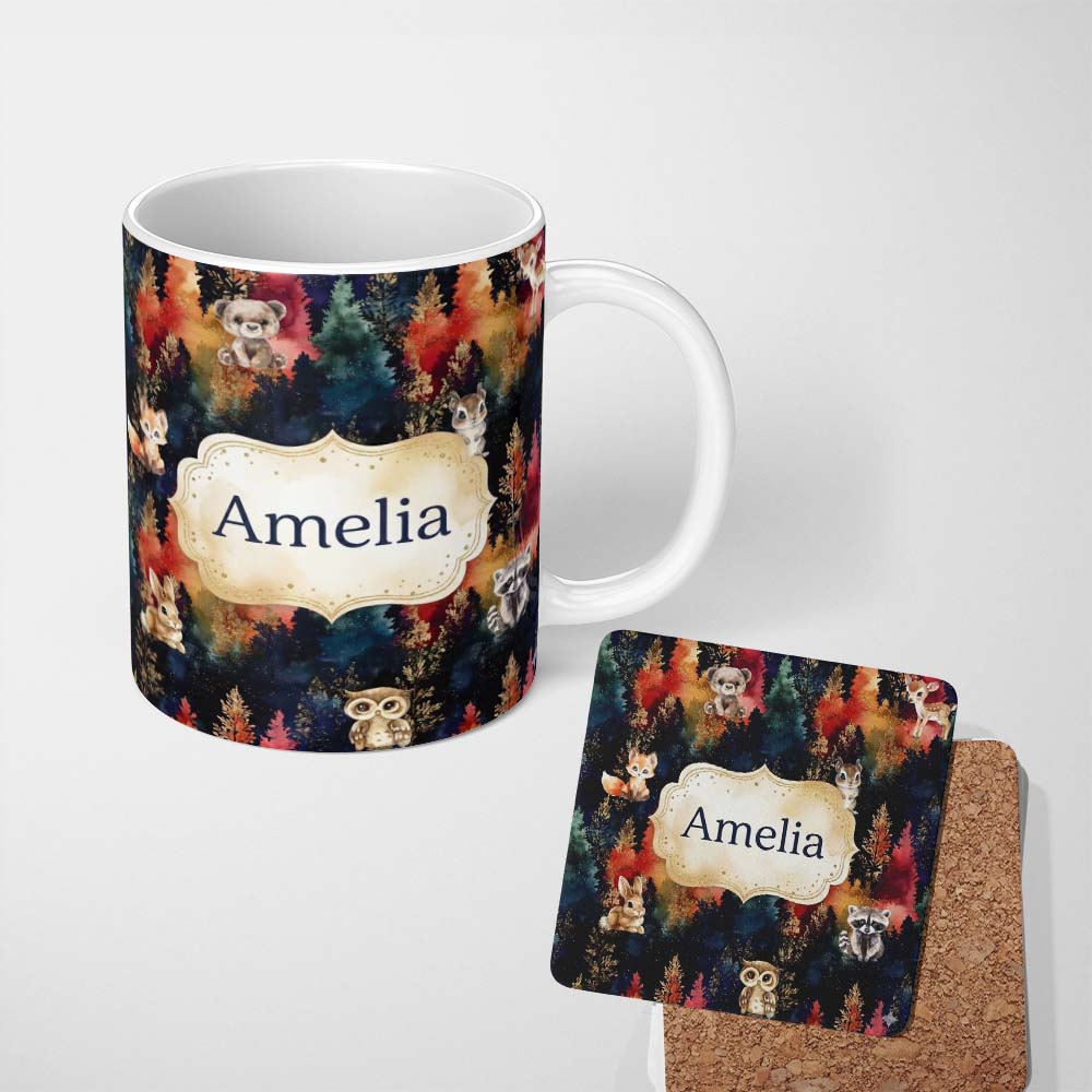 Personalized Custom Name Dark Woodland Cute Animals Gold Leaf Pattern Cute Unique Gift Lovely 11oz Ceramic Coffee Tea Mug White Large Handle