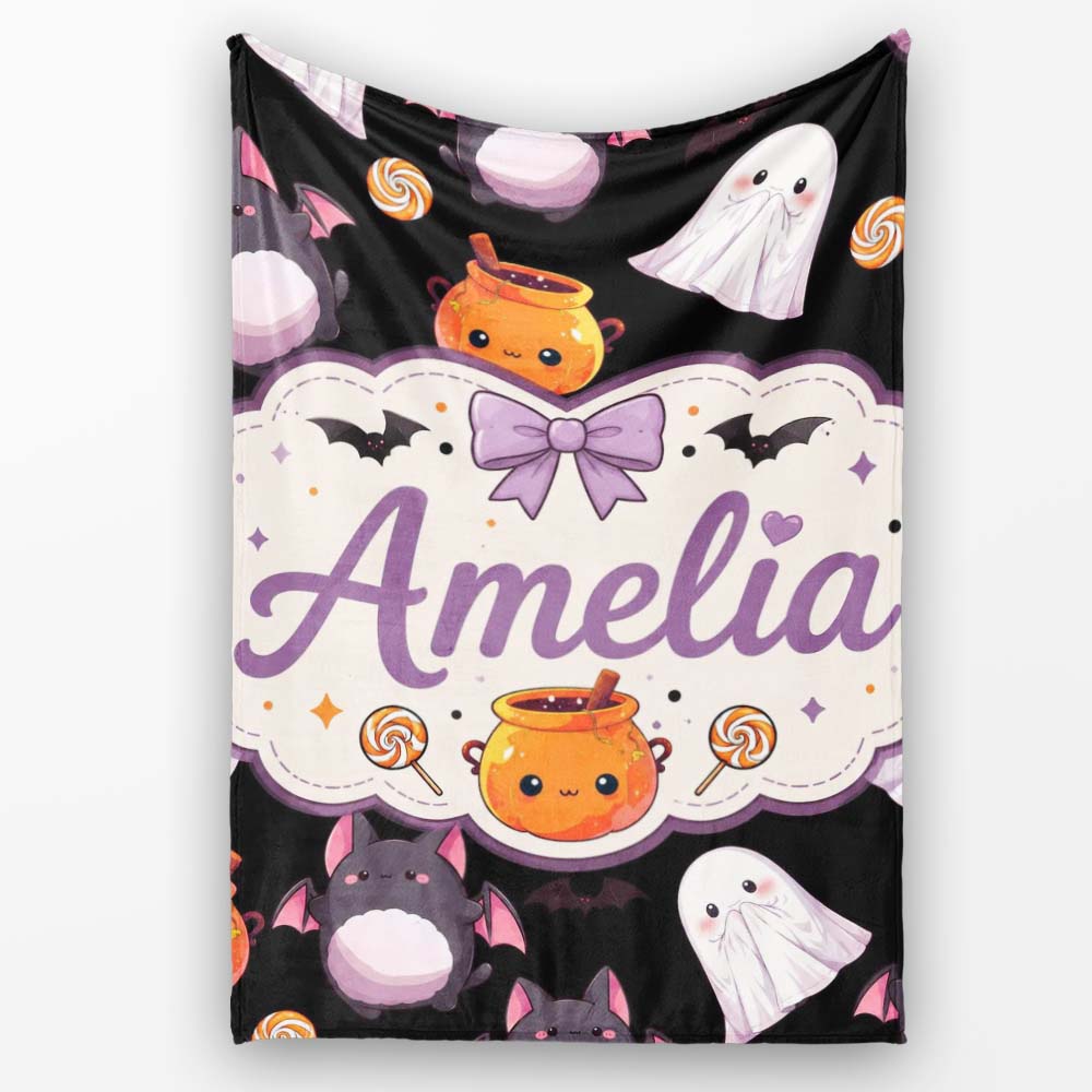 Cute Halloween Ghost Bat Candy Pumpkin Seamless Pattern White Lovely Personalised Custom Name Super Soft Fleece Blanket Bed Sofa Throw
