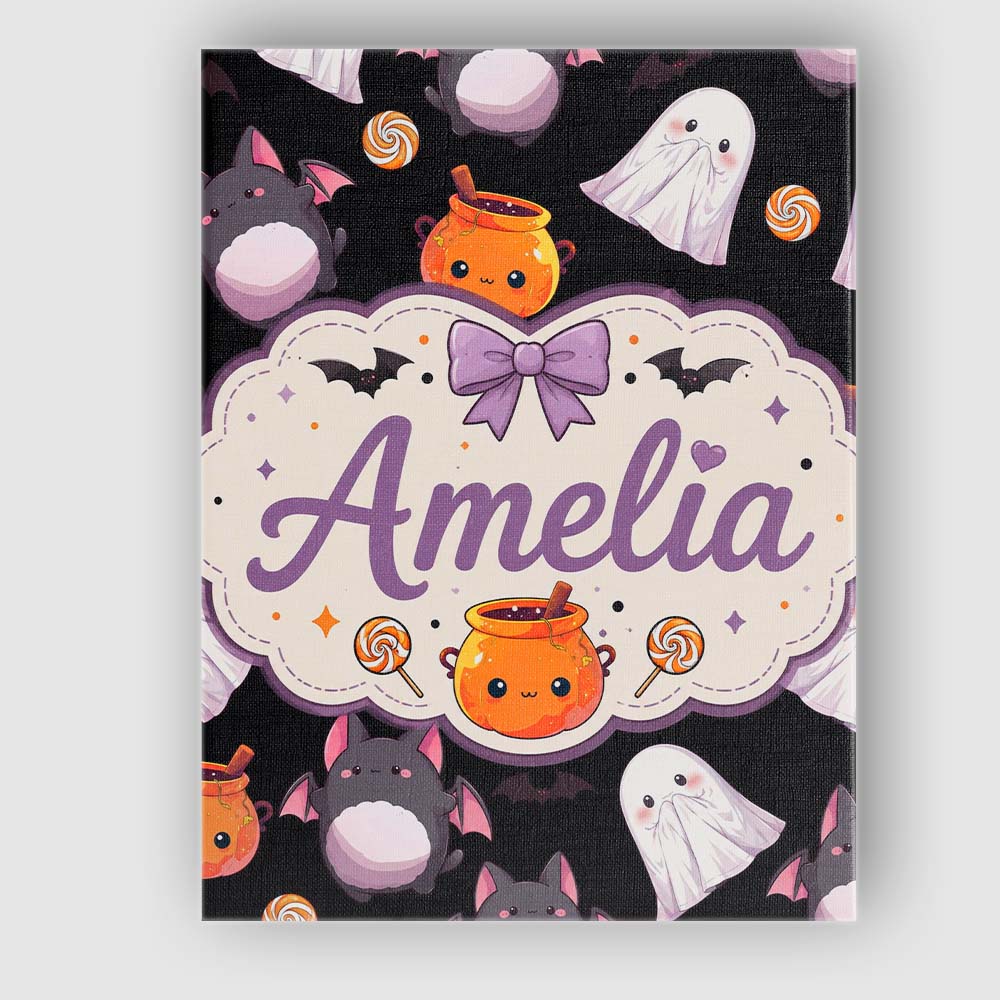 Personalised Name Cute Halloween Ghost Bat Custom Unique Gift Idea Elegant Feature Canvas Wall Art Print Decor Picture Ready to Hang