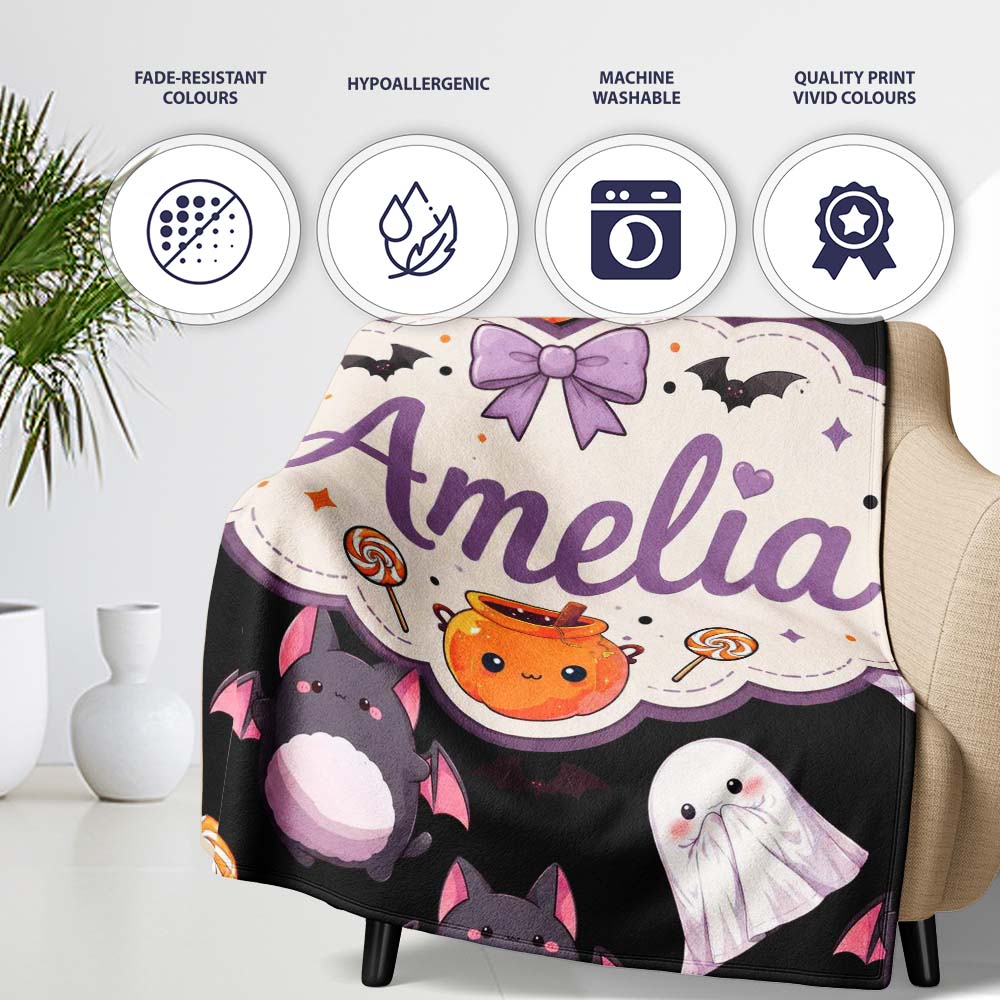 Cute Halloween Ghost Bat Candy Pumpkin Seamless Pattern White Lovely Personalised Custom Name Super Soft Fleece Blanket Bed Sofa Throw