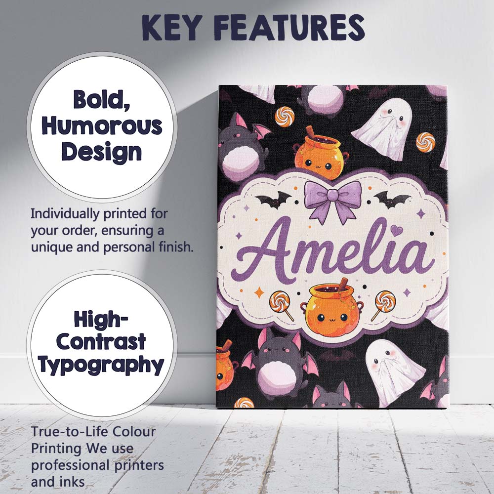 Personalised Name Cute Halloween Ghost Bat Custom Unique Gift Idea Elegant Feature Canvas Wall Art Print Decor Picture Ready to Hang