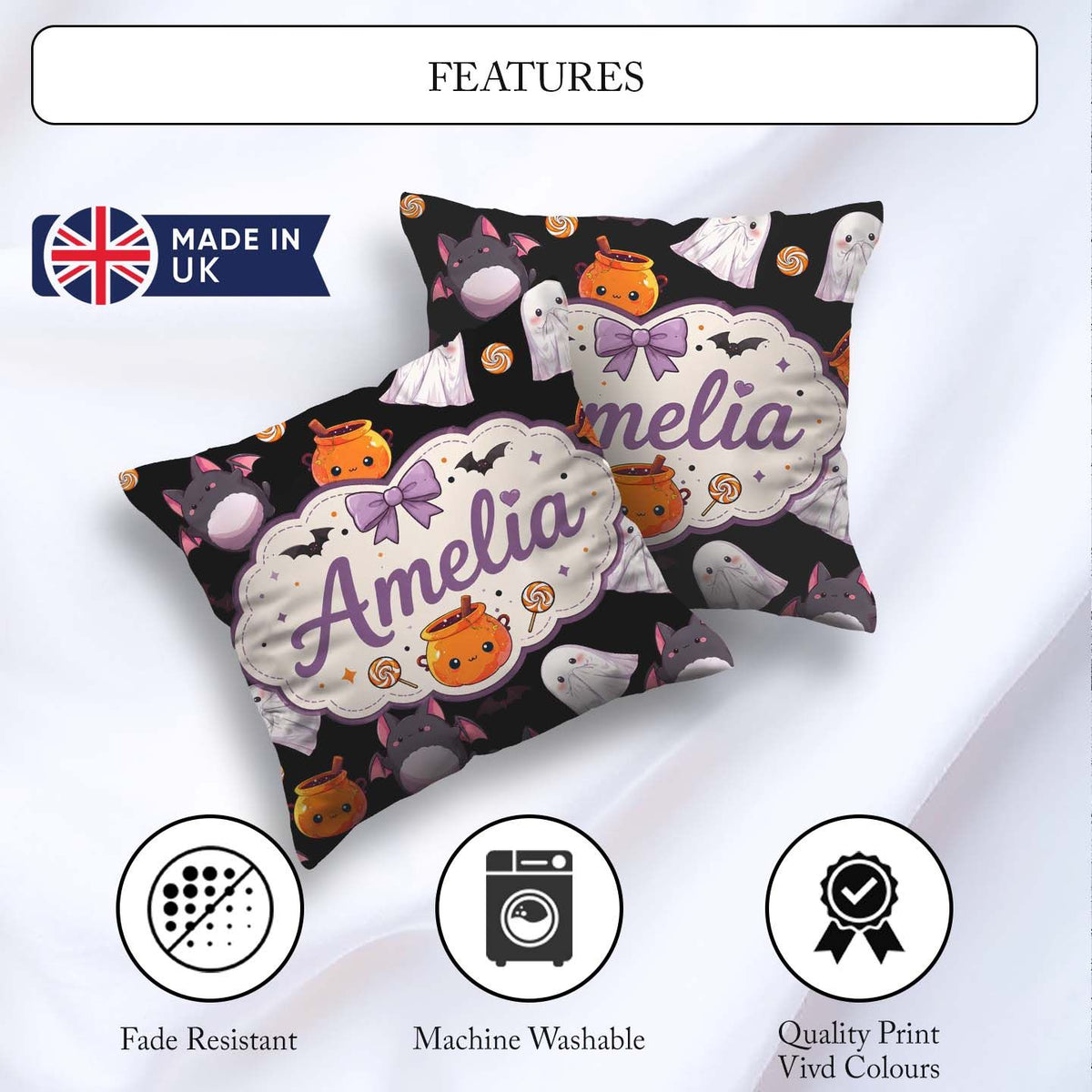 Custom Name Cute Halloween Ghost Bat Candy Pumpkin Pattern White Square Filled Cushion Throw Pillow Sofa Bed Home Decor Zip Washable UK Made