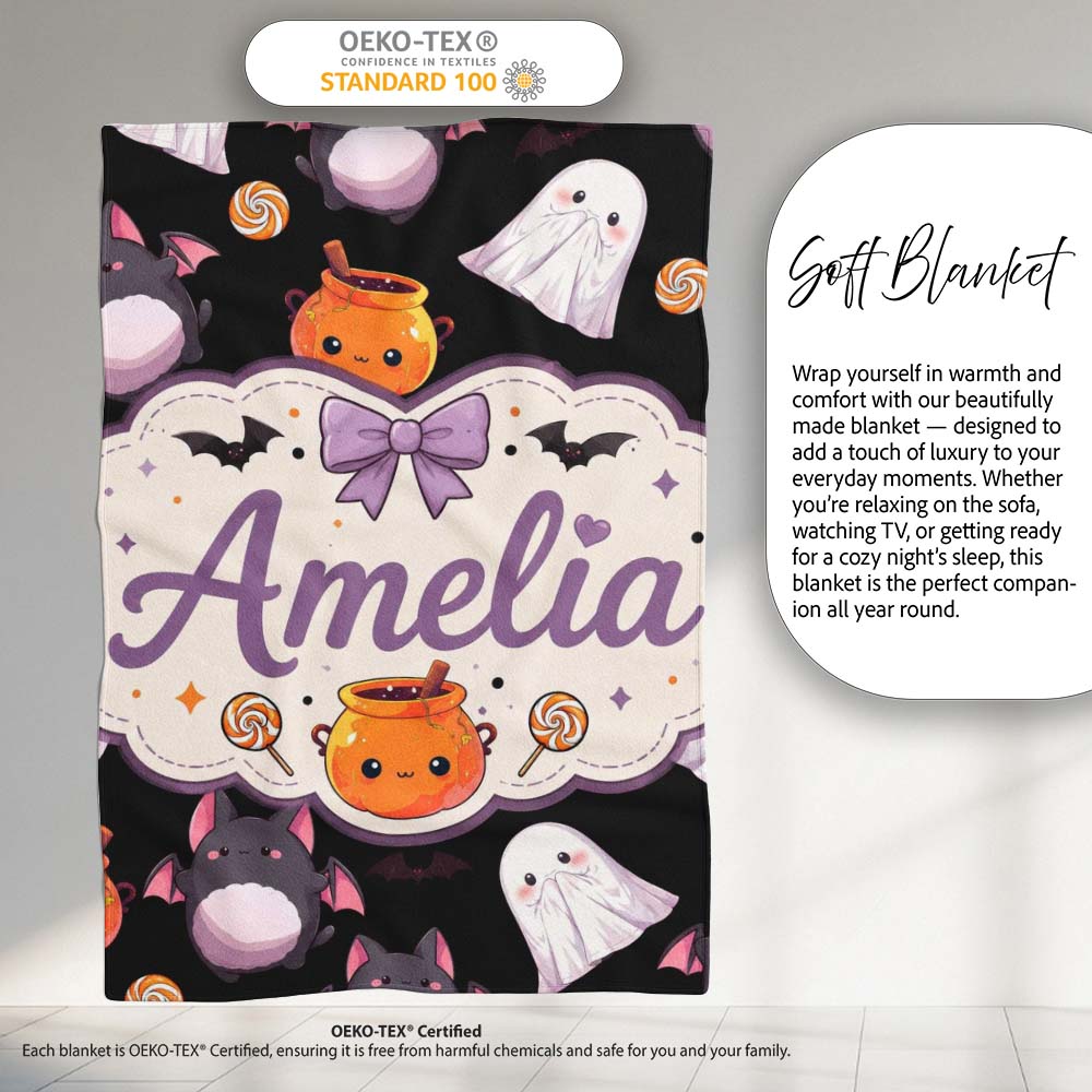 Cute Halloween Ghost Bat Candy Pumpkin Seamless Pattern White Lovely Personalised Custom Name Super Soft Fleece Blanket Bed Sofa Throw