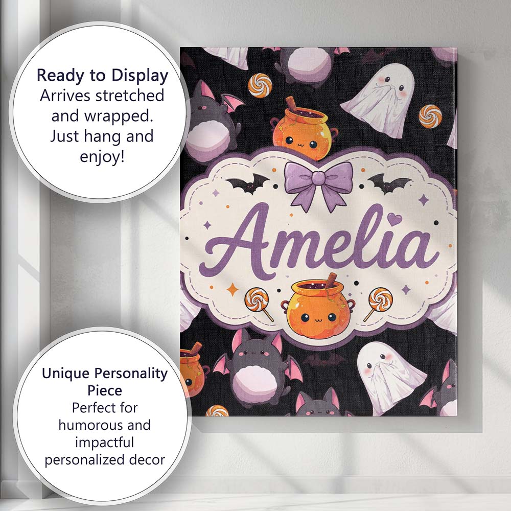 Personalised Name Cute Halloween Ghost Bat Custom Unique Gift Idea Elegant Feature Canvas Wall Art Print Decor Picture Ready to Hang