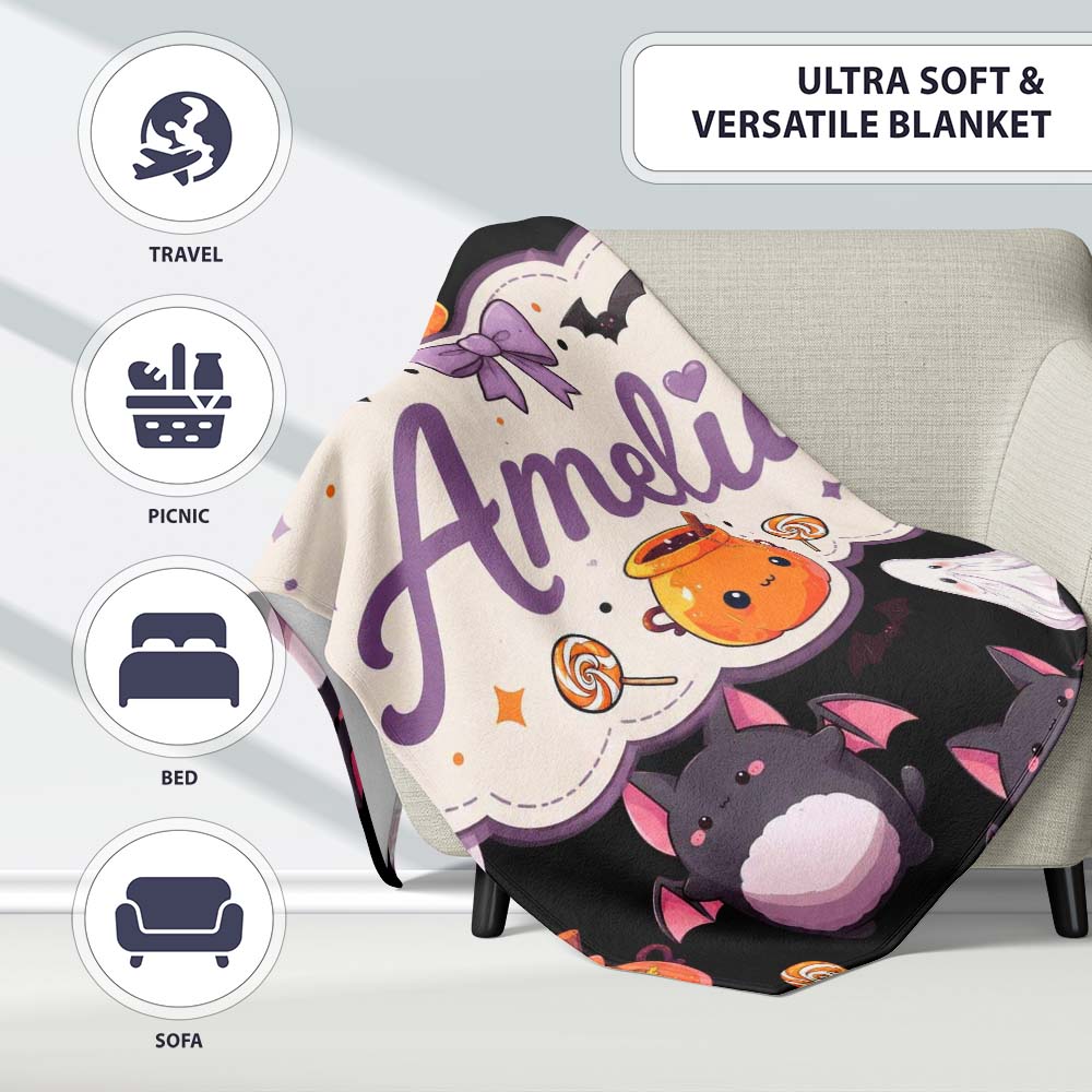 Cute Halloween Ghost Bat Candy Pumpkin Seamless Pattern White Lovely Personalised Custom Name Super Soft Fleece Blanket Bed Sofa Throw