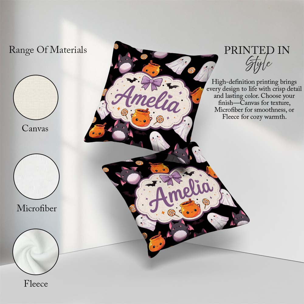 Custom Name Cute Halloween Ghost Bat Candy Pumpkin Pattern White Square Filled Cushion Throw Pillow Sofa Bed Home Decor Zip Washable UK Made