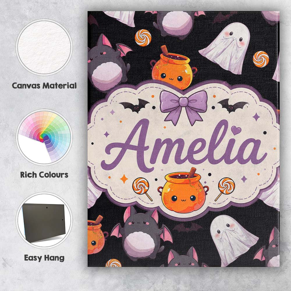 Personalised Name Cute Halloween Ghost Bat Custom Unique Gift Idea Elegant Feature Canvas Wall Art Print Decor Picture Ready to Hang